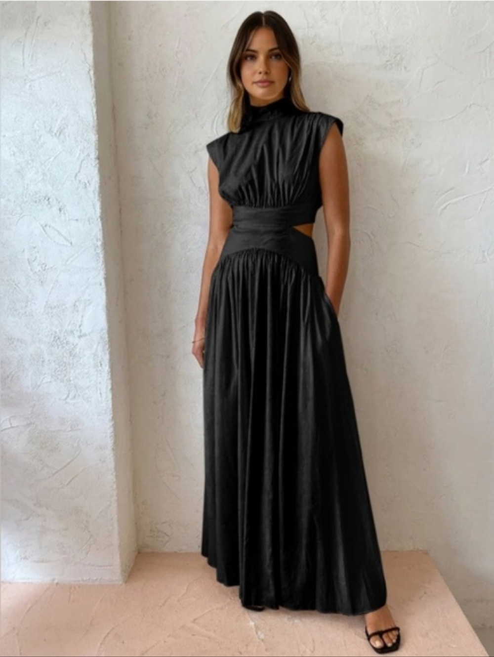 Commense Mock Neck Cut Out Maxi Dress Cap Sleeves Size M